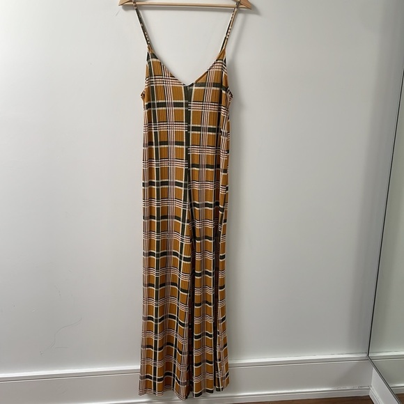 Zara Trafaluc Mustard Yellow green Plaid tartan Jumpsuit S Wide Leg cami strap - Picture 3 of 14